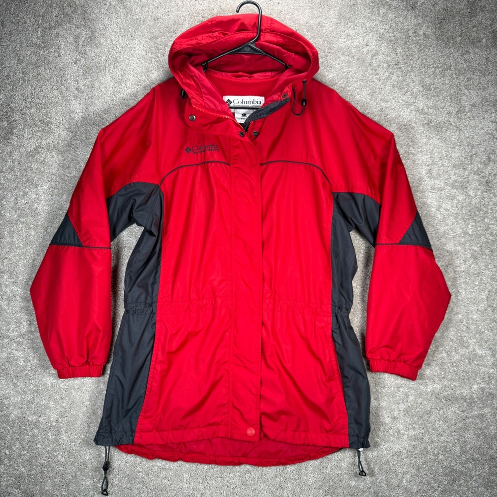 Columbia Sportswear Women's Large Red Gray Hooded Windbreaker Long Rain Jacket